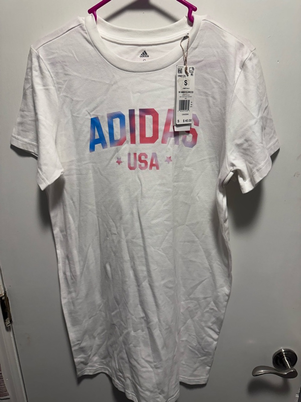 adidas White Short-Sleeve Tshirt dress with Blue-to-Pink Gradient Logo